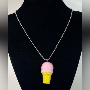 Handmade Pink Ice Cream Cone Charm Plastic Polymer Silver Ball & Chain Necklace